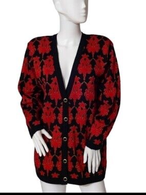 Vtg 90s Knit Cardigan red black patterned long Wool Blend Maximalist Regency M